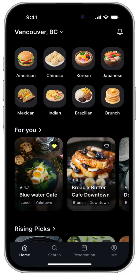 dineOn app home screen prototype