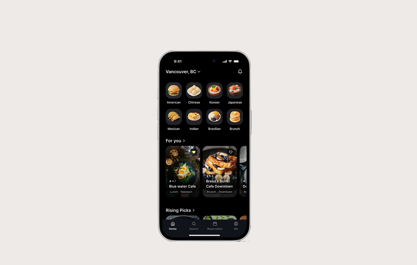 dineOn — restaurant app UX/UI, mobile home screen